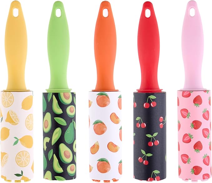 5pc Fruit Mini Lint Roller Value Pack - Colorful Compact Rollers for Travel | Pet Hair & Lint Remover for Clothing & Household Use. Portable On-the-Go Lint Removers
