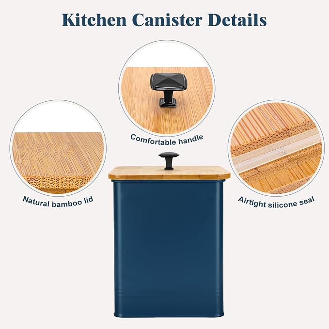 Kitchen Canisters Set of 3, Metal Flour Sugar Storage Containers with Airtight Lids-Canisters Sets for Kitchen with Customizable Chalkboard Labels & Marker Pen-Spice, Coffee Storage Jars(Dark Blue)