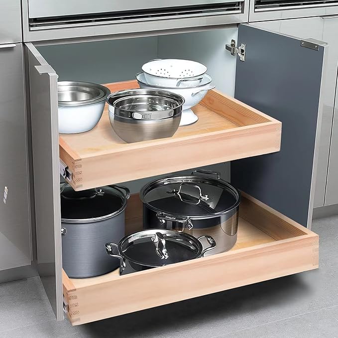 Mulush 13”W x 21”D x 3”H Soft Close Slide Out Wood Drawer Organizer for Kitchen, (Cabinet Opening Width>14.5 inches for Bottom Assembly, Width= 14 inches for Side Assembly)