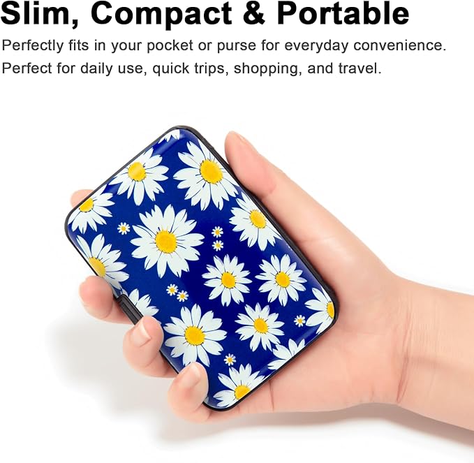 Credit Card Holder for Women Men RFID Blocking Wallet Small Business Metal Slim Mini Aluminum Hard Case (White Flowers Chamomile)