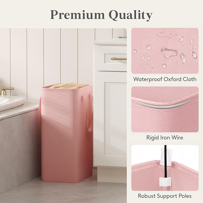 Lifewit Slim Laundry Hamper, Narrow Small Laundry Basket with Handle for Dirty Clothes, Collapsible Tall Thin Laundry Bin for Bathroom Bedroom Dorm College, 50L, Pink