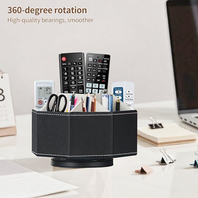 Remote Control Holder, Swivel 9 Rooms Desk Organizer and Decorations for Living Room, Leather Bedside Storage Caddy for TV Controllers/ Makeup Brush Pen/ Office Stationery/ Art Supplies/ Eyeglasses
