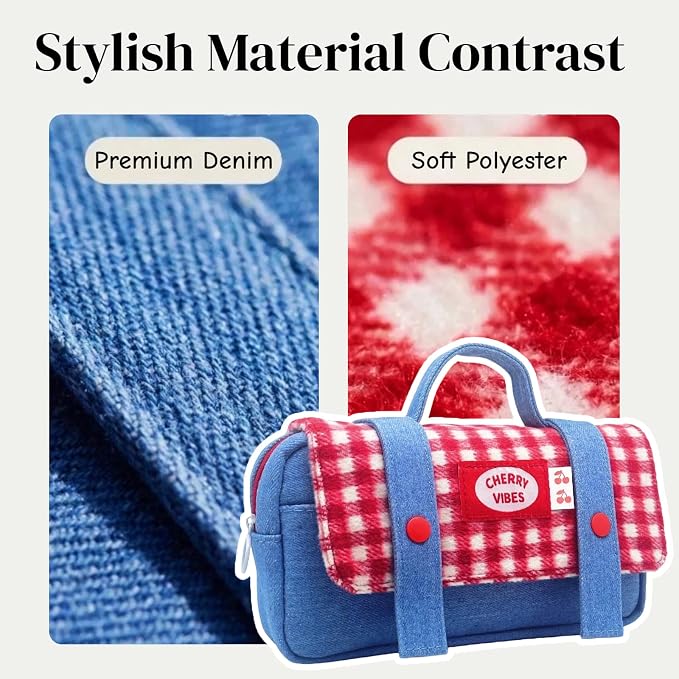 Cute Checkered Pencil Case, Red White Plaid with Denim Patchwork, Large Capacity Gingham Pattern Pen Bag with Handle, Big Stationery Organizer, Multi-Use Storage Pouch, 8.7x1.6x4.7 Inches, Blue