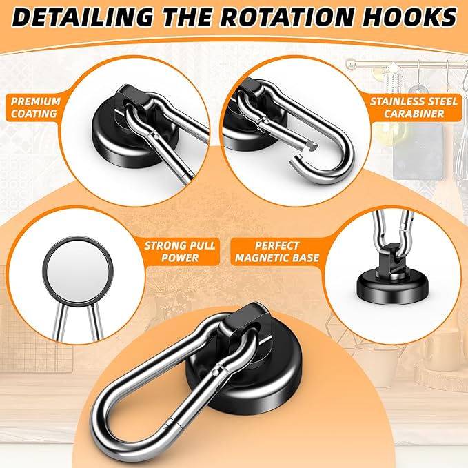 FINDMAG 10Pack Magnetic Hooks with Swivel Carabiner, 70LBS Neodymium Magnet Hooks Heavy Duty, Strong Magnetic Hooks for Hanging Magnet with Hook for Kitchen, School, Warehouse, Home