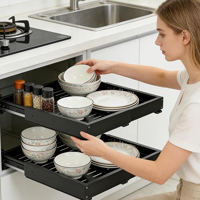 Cabinet Pull Out Shelves Telescopic Storage Basket | Slide Out Drawers for Home Pantry Laundry Apartment Dorm Corner Desk Dresser
