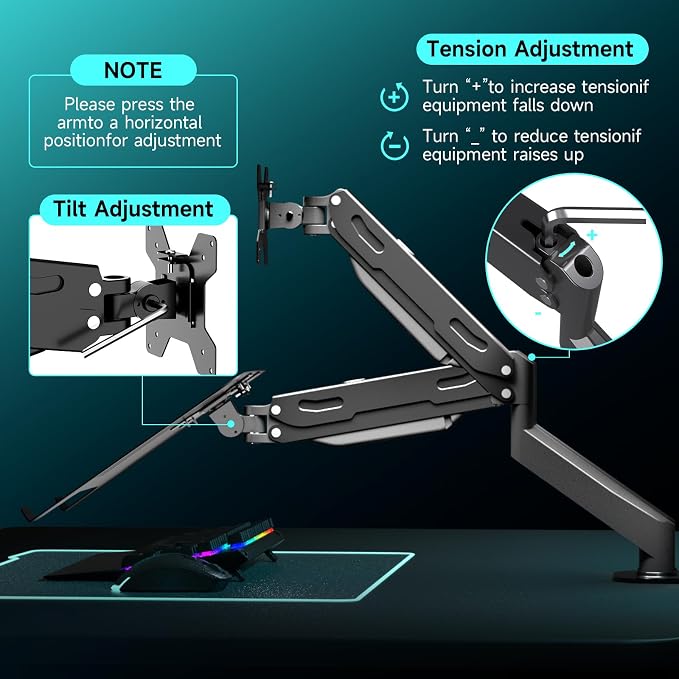 Pholiten Monitor and Laptop Mount for Max 32" Screen and 17" Notebook, Dual Monitor Mount Holds up to 22lbs, Laptop Tray Stand with Gas Spring Arm, VESA 75x75mm 100x100mm