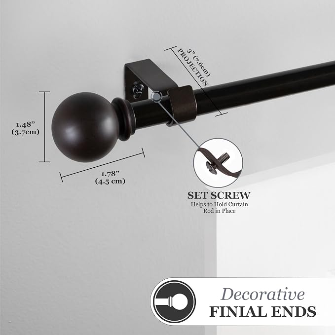 Kenney – Chelsea Curtain Rod, Durable 5/8" Steel Rod with Decorative Ball Ends, Adjustable 48–86" for Light to Medium Weight Curtains, Weathered Brown