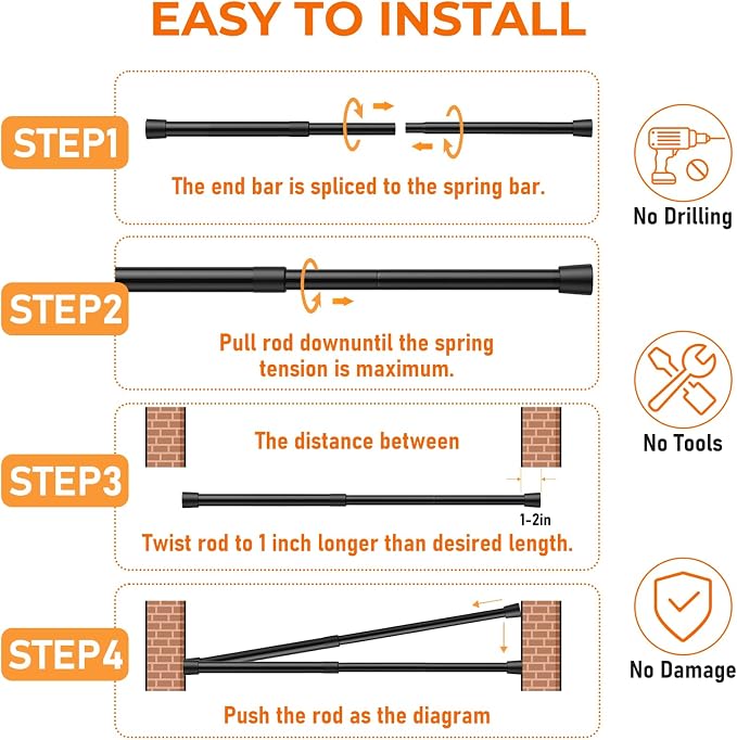 2Pack Tension Curtain Rod for Window 34 to 59 Inch Adjustable Spring Loaded Curtain Rods No Drilling Black Tension Rods for Doorway Closet Door Kitchen Bathroom