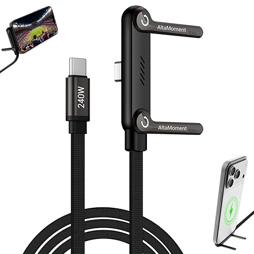 Invisible Holder Charger Cable, 240W PD Fast Charging Cable for Desk, USB-C to USB-C Cable 4.9 FT with 360° Adjustable Metal Stand, 2 in 1 Holder Charger for Gaming, Office, Home