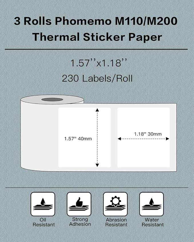 Phomemo Labels- 3 Rolls M110/M100/M220/M221/M150/M250/M108 Thermal Labels 1.57"x1.18"(40x30mm), M110 Label Multipurpose Square Self-Adhesive Paper, Name Labels for Kids, School, Total of 960 PCS