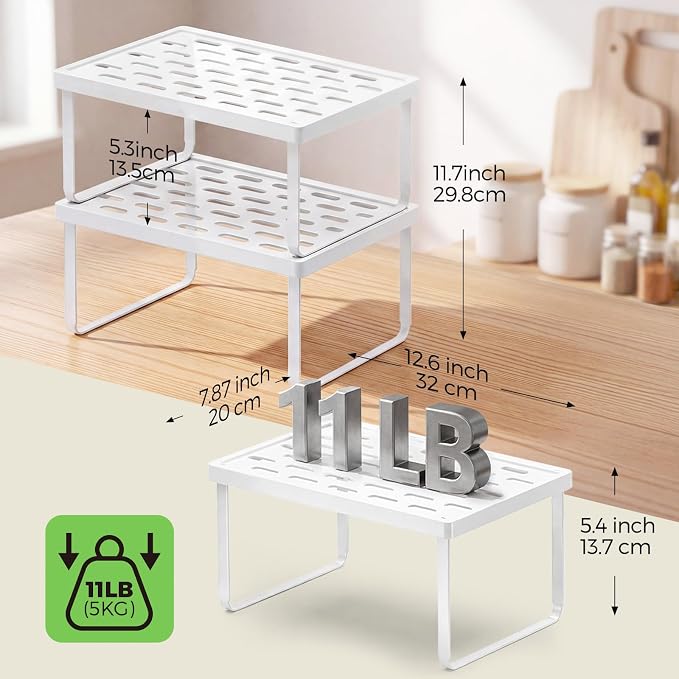 Cabinet Organizer Shelf, Countertop Risers, Kitchen Storage Rack | 2 Pack Foldable White Expandable Holders for Pantry & Bathroom, No-Tool Assembly Space-Saving Cupboard & Desk Organization