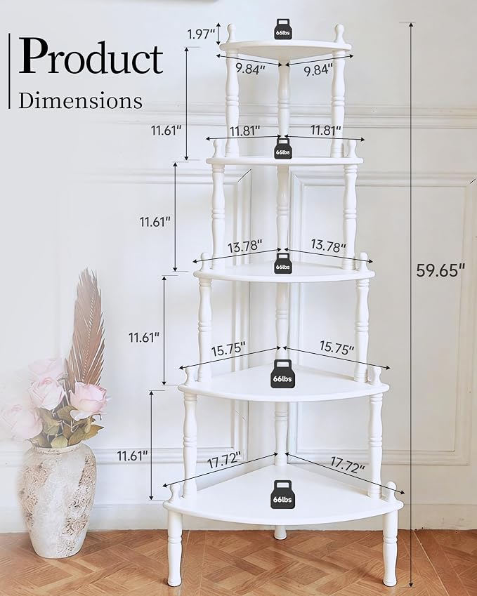 White Corner Shelf, 5-Tier Corner Bookshelf, 60" Tall | 100% Solid Wood Ladder Shelf, Small Vintage Freestanding Bookshelf Plant Stand for Living Room, Home Office, Bedroom