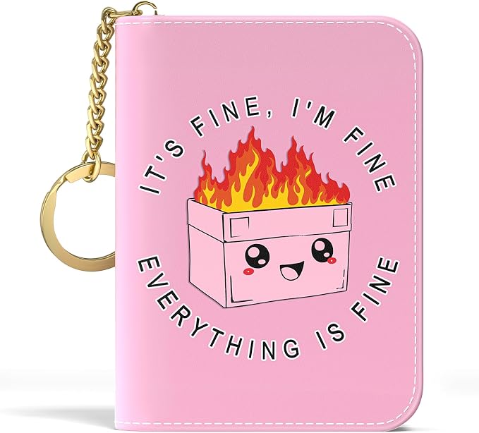 Aiawoxc Credit Card Holder, Small RFID Wallet Slim Leather Card Organizer Case with Zipper and Keychain, Pink Cute Dumpster