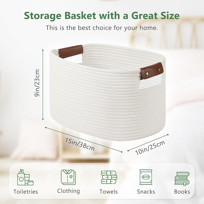 ECDYQXVU 15x10x9 Woven Cotton Rope Storage Basket, Leather Handles 2 Pack | Foldable Design, Sturdy PU Handles, Easy to Clean Organizer for Living Room, Closet, Shelves, Bedroom, Laundry, Clothes