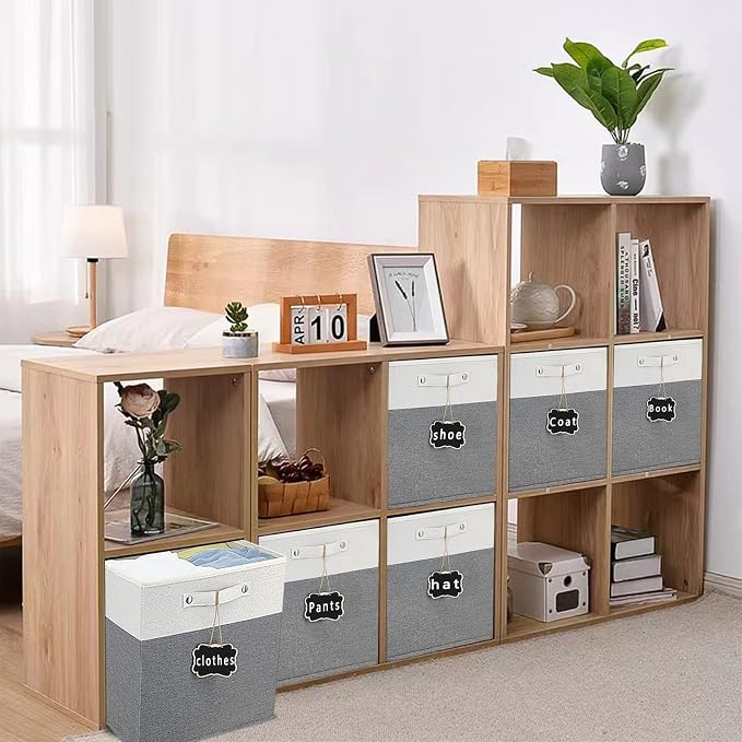 13x15x13 storage cube bins 4 Pack,Collapsible Fabric Storage Cubes with Labels,Linen Cube Storage Organizer Bins with Cotton Handles,Square Storage Cubes for Home,Office,Clothes,Cabinet(White Grey).