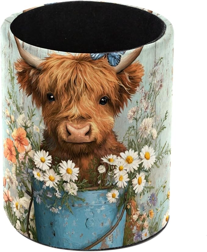 Faux Leather Pen Holder for Desk, Pencil Organizer Highland Cow and Bucket Pen Cup Desk Decor Makeup Brush Holder Storage for Office Home