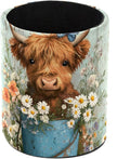 Faux Leather Pen Holder for Desk, Pencil Organizer Highland Cow and Bucket Pen Cup Desk Decor Makeup Brush Holder Storage for Office Home