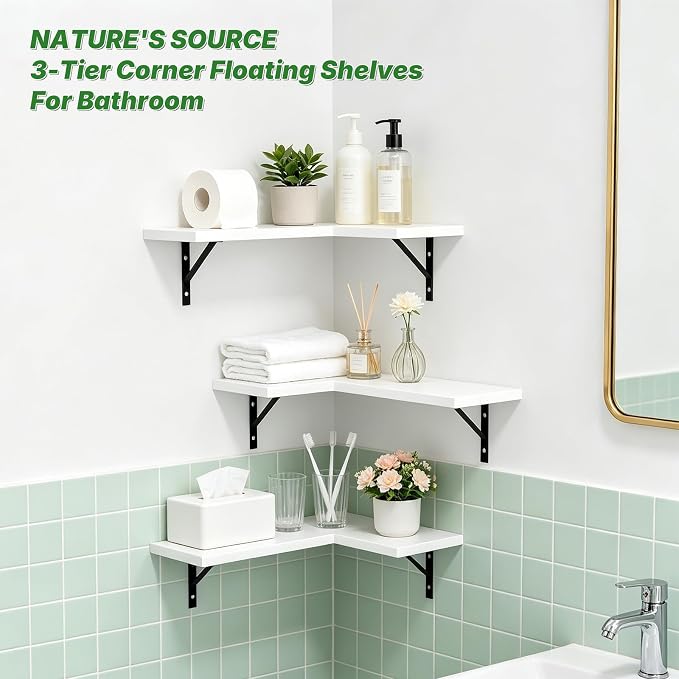 NATURE'S SOURCE Corner Floating Shelves Set of 3, Corner Shelves Wall Mounted, for Bedroom Kitchen Living Room Bathroom Office- Gothic Style (White, Set of 3)