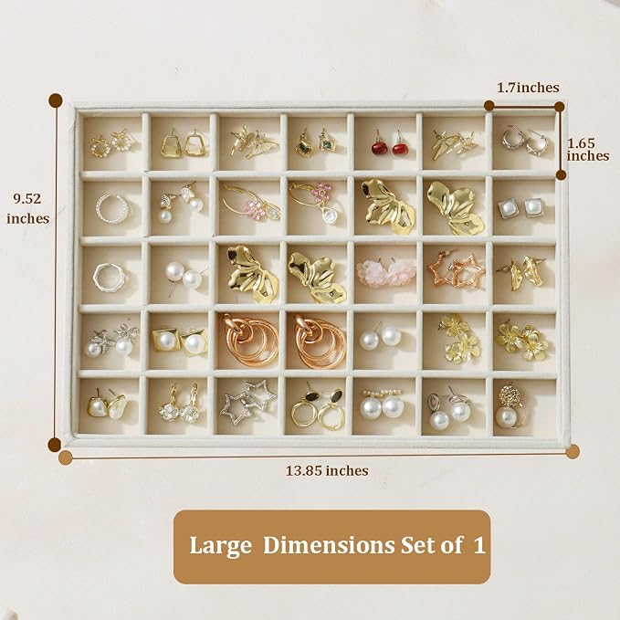 Large Jewelry Organizer for Drawer Insert Velvet Stackable Jewelry Trays for Earring Necklace Bracelet Ring Display (Beige, 35 Grids)