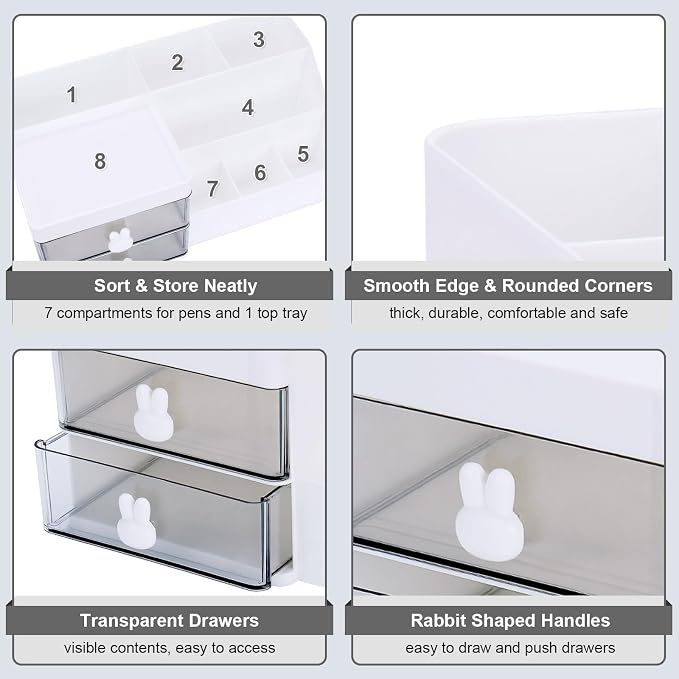 Meiikun Desk Organizer, Makeup Organizer with 2 Drawer, 7 Compartment & a Top Tray, Desktop Organizers and Storage for Women, Cute Home organization Bathroom, 11" x 5.7" x 4.7" (White)