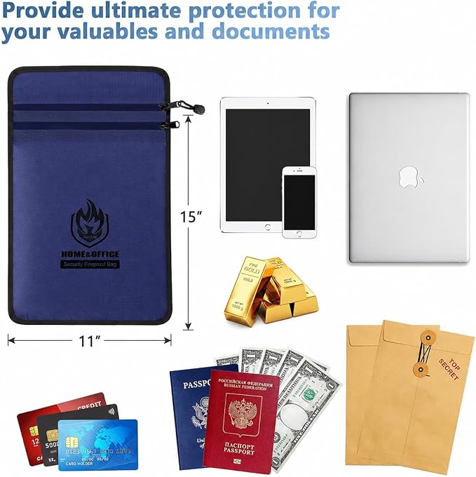 Upgraded Two Pockets Fireproof Document Bag (2000℉), andyer 15”x 11”Waterproof Fireproof Money Bag with Zipper, Fire Safe Waterproof Holder Pouch for Valuables, Legal Documents (Blue)