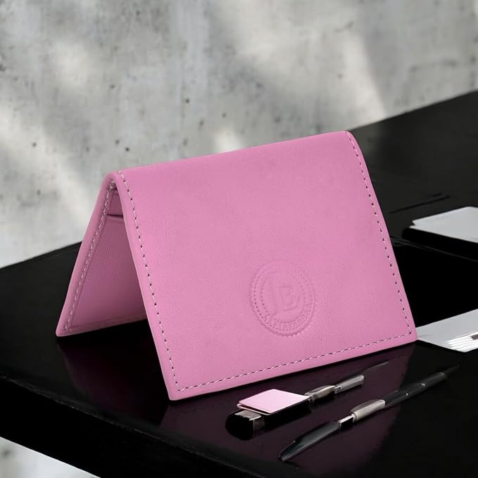 Leatherboss Slim Thin Leather Credit Card Id Mini Wallet Holder Bifold Driver's License Safe (Pink)