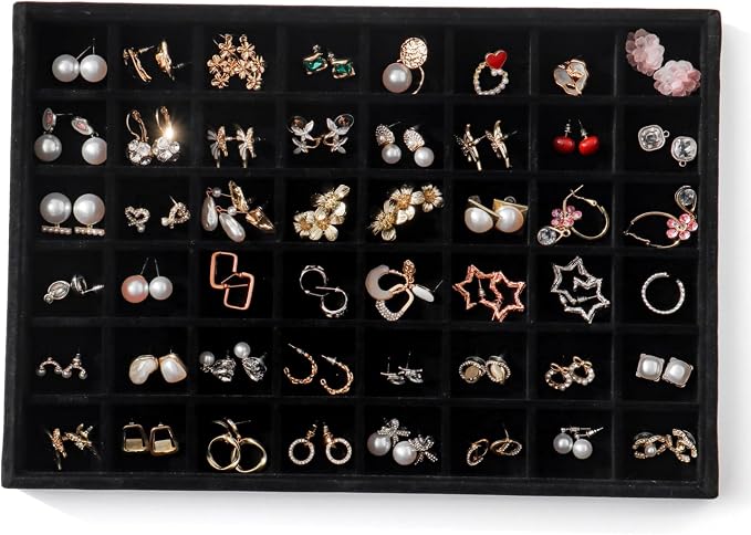 Large Jewelry Organizer for Drawer Insert Velvet Stackable Jewelry Trays for Earring Necklace Bracelet Ring Display (Black, 24 Grids)