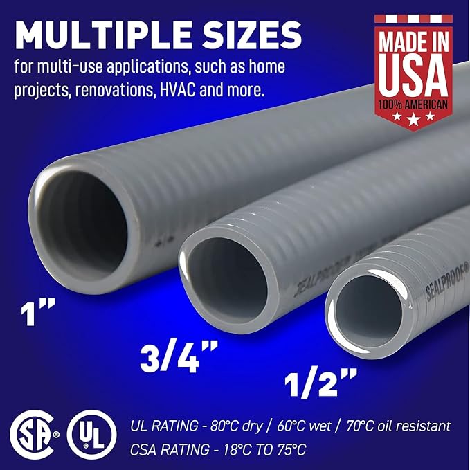 Sealproof Flexible Non-Metallic Liquid-Tight Electrical Conduit Type B, UL Listed (3/4 inch x 25 FT)