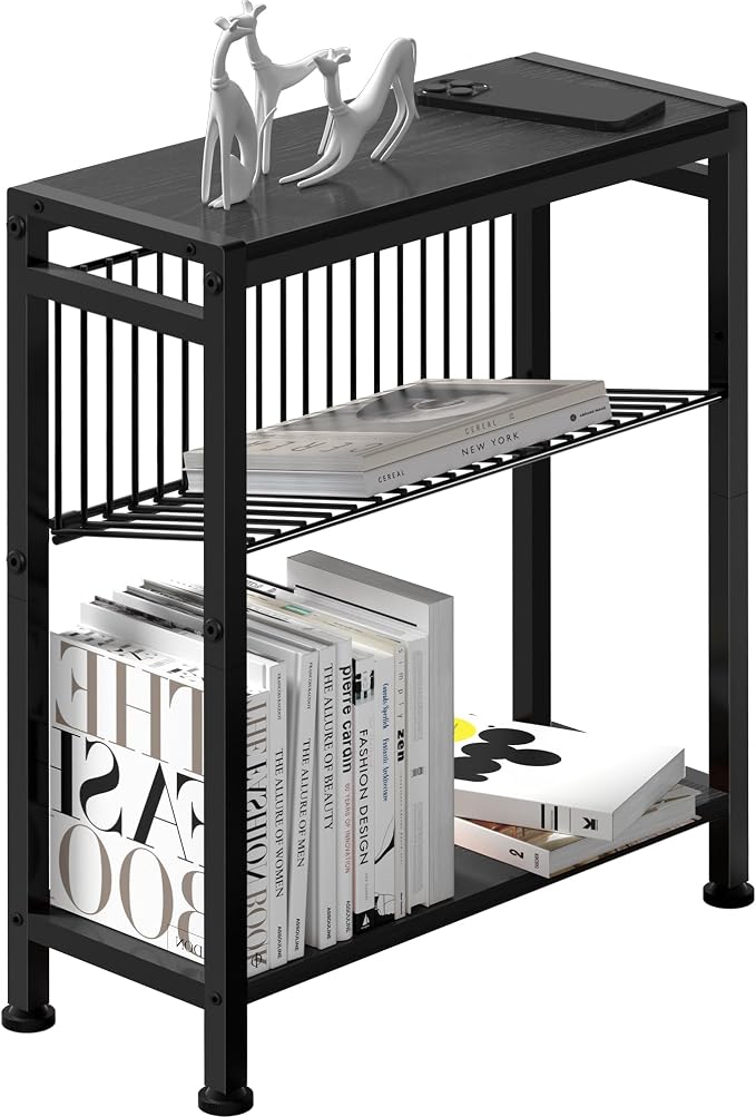 Side Table for Small Spaces, Narrow End Table with Adjustable V-Shaped Magazine Rack, 7.1"D x 17"W x 21.7"H, Black