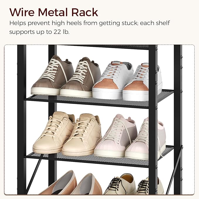 MAHANCRIS 10 Tier Narrow Shoe Rack Organizer, Tall Slim Shoe Storage for Small Space, Holds 10-20 Pairs, Metal Shoe Shelf with Wooden Top for Entryway Closet Bedroom, Rustic Brown and Black SRHR11401