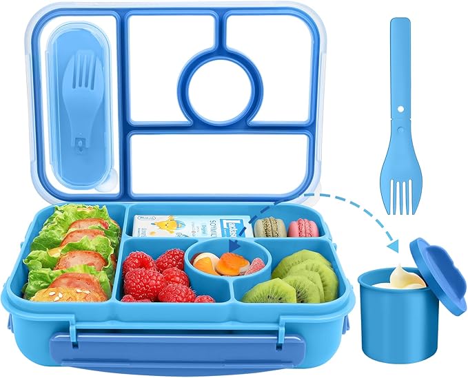 Lunch Box Kids,Bento Box Adult,Lunch Containers for Adults/Kids/Toddler,5 Compartments Bento Lunch Box with Sauce Vontainers,Microwave & Dishwasher & Freezer Safe,BPA Free(Blue)