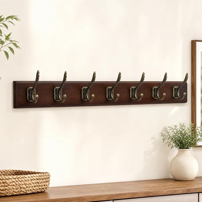 Wall Mounted Coat Rack with Solid Wood, 7 Bronze Metal Hooks – 27.56 Inch Rustic Brown Entryway Organizer for Hanging Coats, Hats, Jackets, Scarves, Bags, for Hallway, Bedroom, Bathroom（7Hooks）