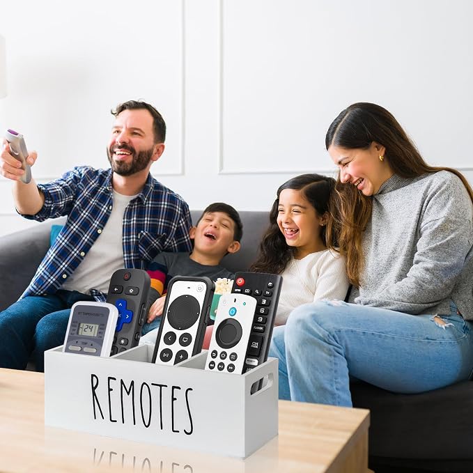 Remote Control Holder for Table, Wooden TV Remote Holder, Remote Storage Box Organizer, Remote Caddy for Bedside, Couch- White (3 Compartments)