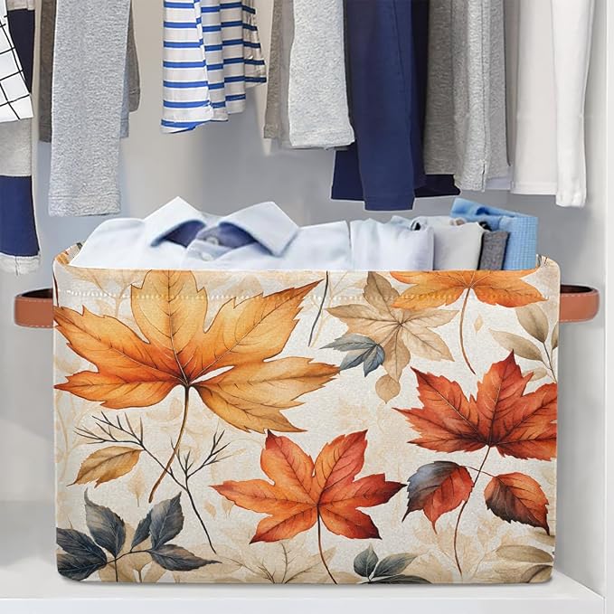 Rectangular Storage Bins Autumn Maple Leaves Pattern Collapsible Fabric Storage Basket Organizer with Handles for Nursery Bedroom Bathroom