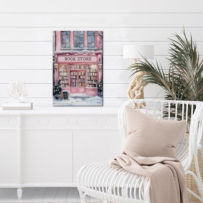Winter Bookshop Snowy Art Aesthetic Poster Canvas Wall Art Decoration Living Room Home Decor Bedroom Decoration Poster Framed8x12inch
