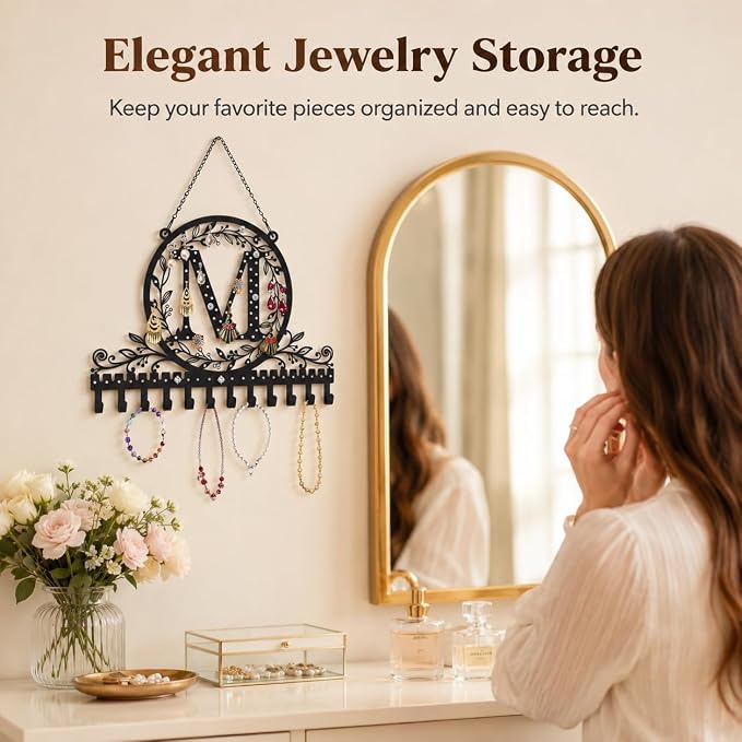 Personalized Wall Mounted Metal Initial Letter M Earring Holder Jewelry Organizer for Earrings and Necklaces Space Saving Wall Display with Hooks Jewelry Storage Bedroom Vanity Gift for Women