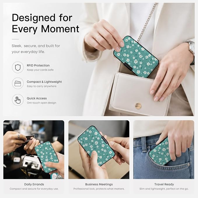 Credit Card Holder RFID Aluminum card case Daisy mini Wallet Women Men | ABS Business ID Case,Hard Case Large Capacity 6 Slots, Waterproof Durable ，Secure Closure Slim Small Credit Card Protector