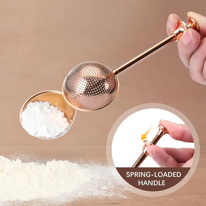 HULISEN Flour Duster, 304 Stainless Steel Flour Sifter for Baking, Brown | Spring-Press Handle, Dishwasher Safe, For Flour, Powdered Sugar, Fine Spices, Pick Up and Dust Flour Sifter, Gift Package