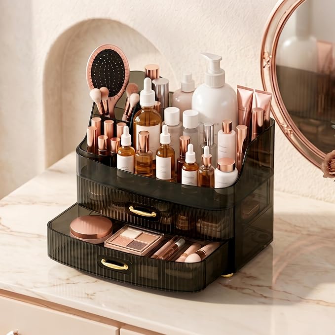 Makeup Organizer for Countertop Vanity Skincare Storage for Perfume Lipstick Bathroom Dresser Desk with Drawers And Brush Holder (Grey)