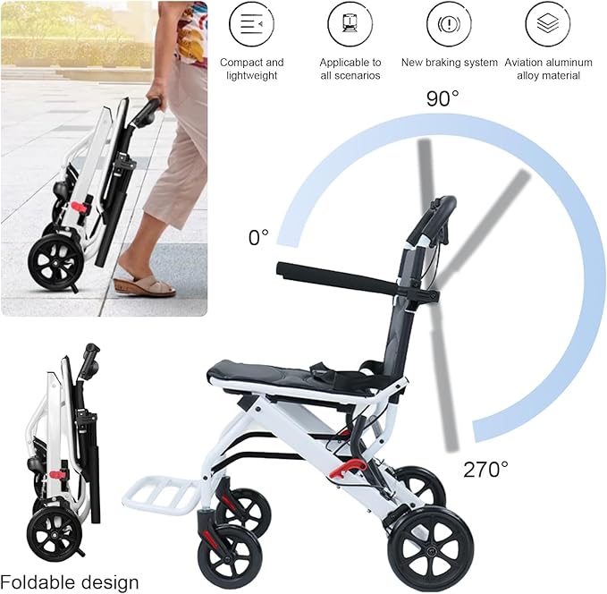 cdar Lightweight Transport Wheelchair, Aluminum Alloy Foldable Wheelchairs for Adults, Portable Transportation Travel Wheelchairs, Outdoor Collapsible Wheelchair, Bearing 200lbs White