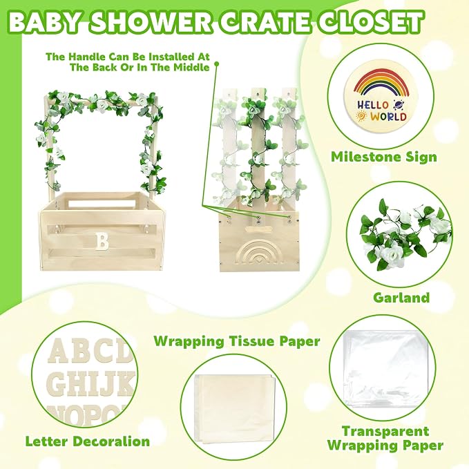Wooden Baby Shower Crate Closet with Hanger Rack,Baby Baskets,Baby Shower Baskets with Handles & Garland for Newborn Boys Girls,Pregnancy Gifts for New Parents
