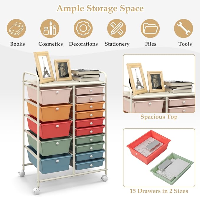 Moccha 15-Drawer Rolling Storage Cart - Under Desk Storage Drawers with wheels for Craft Art Supply Paper Salon, Scrapbook Paper Tools, Mobile Utility Cart for Classroom (15 Drawers, Macaron)