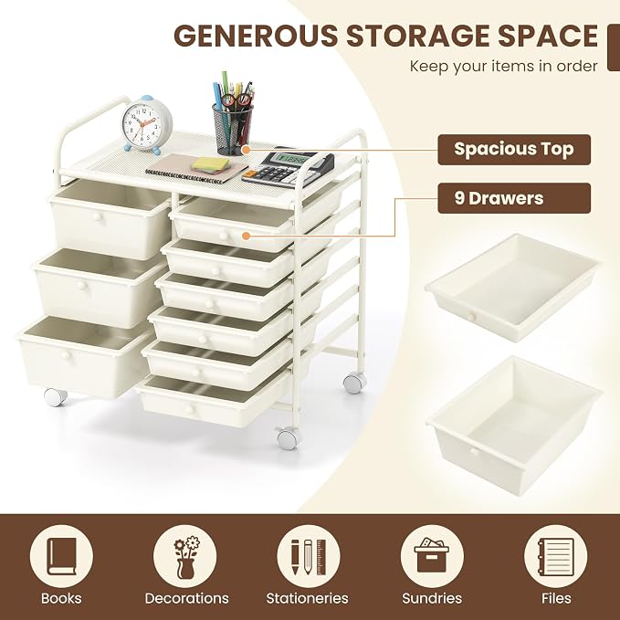 Moccha 9-Drawer Rolling Storage Cart - Under Desk Storage Drawers with wheels for Craft Art Supply Paper Salon, Scrapbook Paper Tools, Mobile Utility Cart for Classroom, White