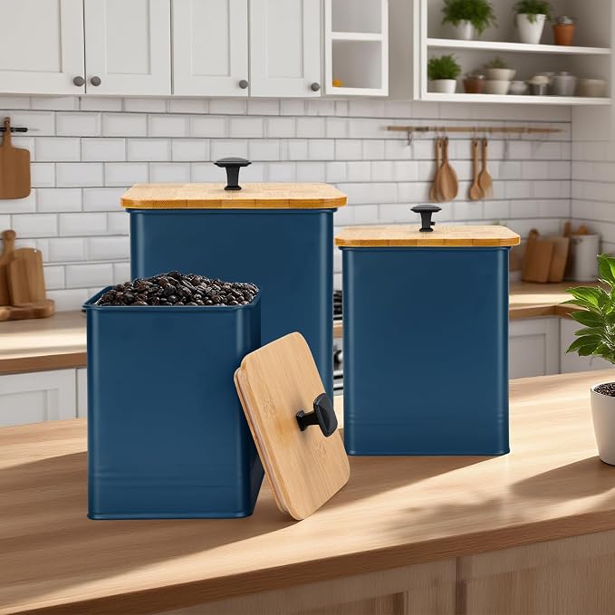 Kitchen Canisters Set of 3, Metal Flour Sugar Storage Containers with Airtight Lids-Canisters Sets for Kitchen with Customizable Chalkboard Labels & Marker Pen-Spice, Coffee Storage Jars(Dark Blue)