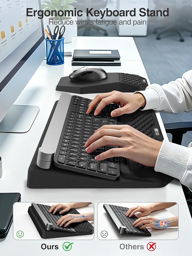 Ergonomic Wrist Rest with Keyboard Stand and Mouse Pad for Easy Typing | Keyboard Holder with Storage Slot, Mousepad for Carpal Tunnel Pain Relief with Massage Bulge and Slow Rebound Memory Foam