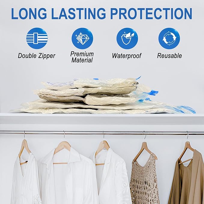 Fygrip Vacuum Storage Bags with Hand Pump, Plastic Packaging Bags, 80% Space Saver Vacuum Seal Bags for Clothing, Travel Lugggage, Blankets, Comforters, 10 Medium