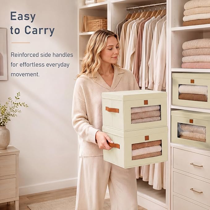 DIMJ Storage Bins with Lids - 5 Pack Front Opening Stackable Fabric Storage Boxes with Clear Window & Handles, Collapsible Closet Organizers for Clothes, Sweaters, Shelf Storage, Bedroom, Beige