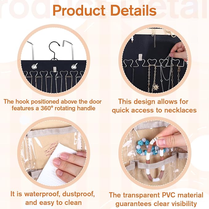 Hanging Jewelry Organizer, Double-Sided Necklace Holder with 43 Clear Pockets & 21 Hooks Jewelry Storage Roll with Hanger for Earrings, Necklaces, Rings on Closet, Wall, Door (33.1 x 14.2 Inch)
