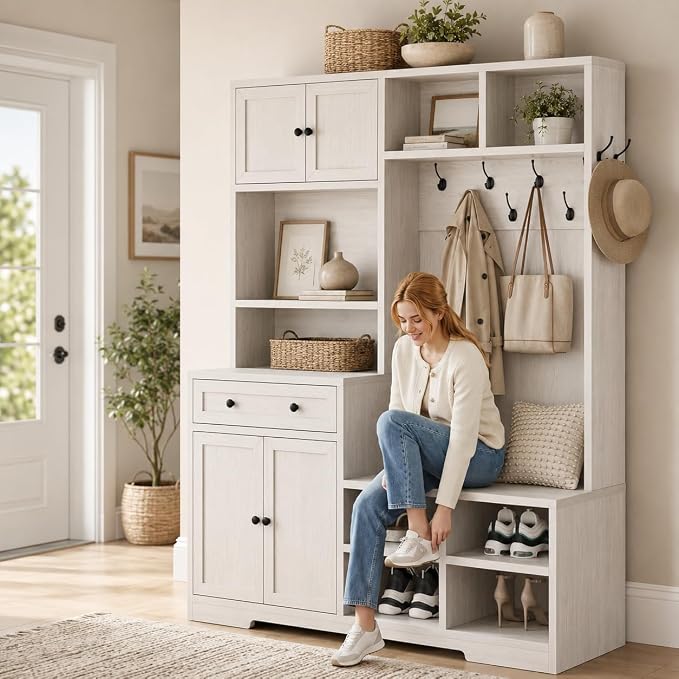 Einhomn 5-in-1 Hall Tree with Bench and Shoe Storage, 51" W Entryway Organizer Coat Rack with 9 Hooks, 2 Storage Cabinets, Drawer, Open Cubbies for Mudroom, Hallway, Living Room, Rustic White
