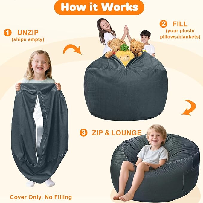 Lukeight Stuffed Animals Storage Bean Bag Chair Cover Only (Ships Empty, No Filling) - Velvet YKK Zipper Beanbag Cover for Teens and Adults, Washable Plush Toy Organizer, XXX-Large 42" D x 23" H